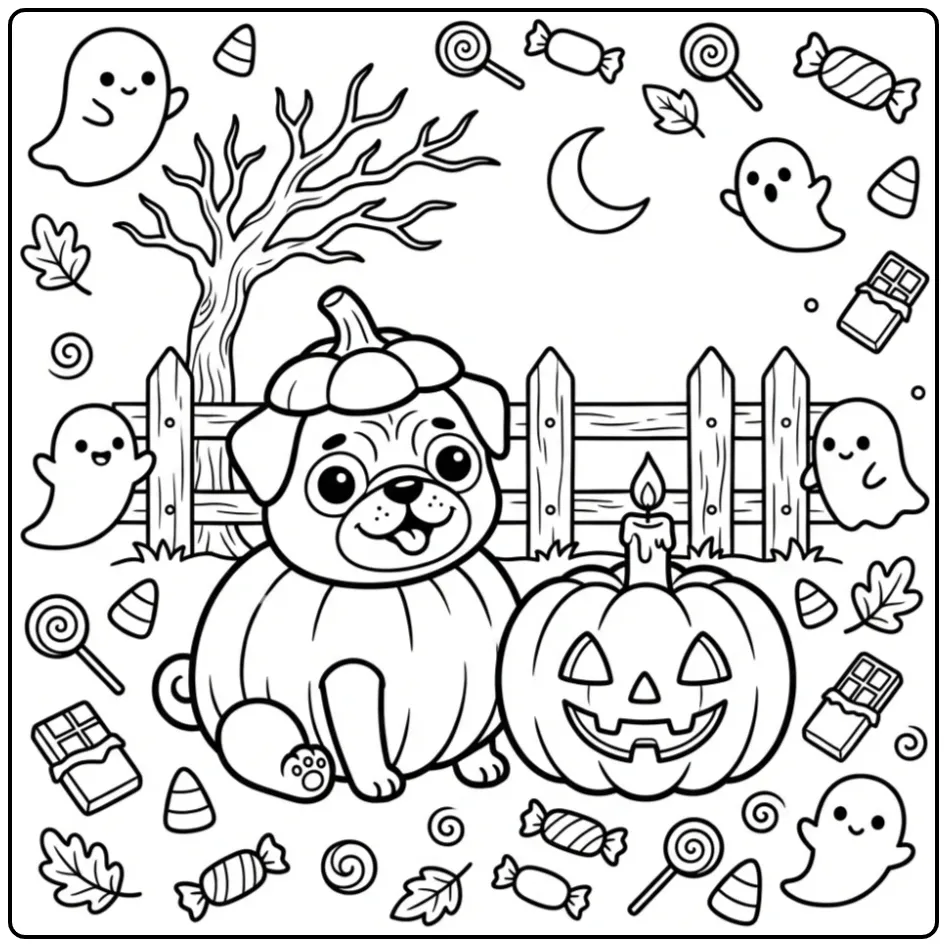 A cute Halloween Pug Coloring Page with a pumpkin and ghosts.