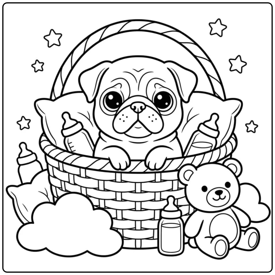 A cute Baby Pug Coloring Page with a teddy bear in a basket.