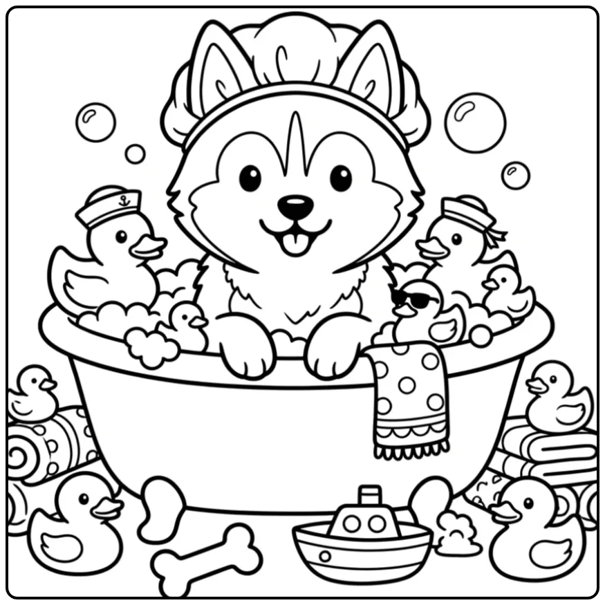 A cute Husky Coloring Page of a puppy in a fun bubble bath.