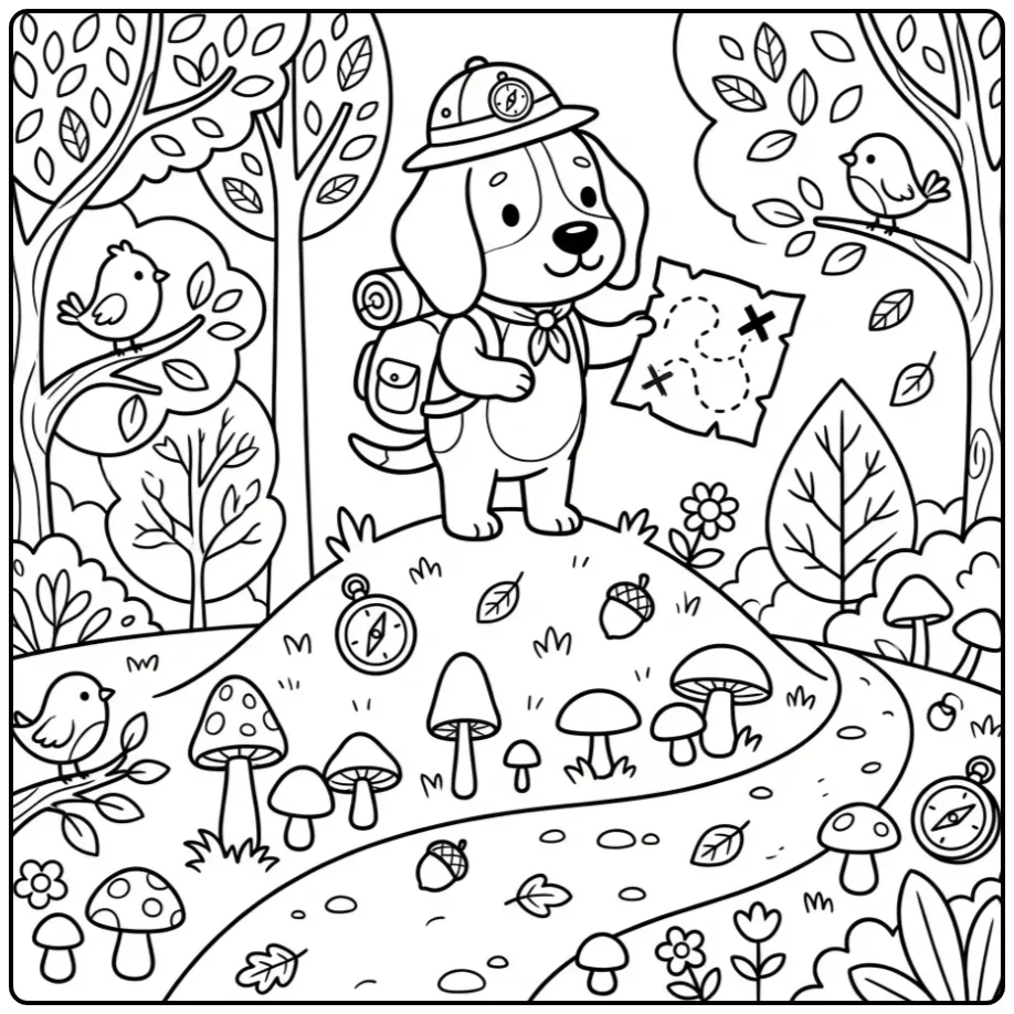 A Cute Beagle Coloring Page with a dog dressed as an explorer.