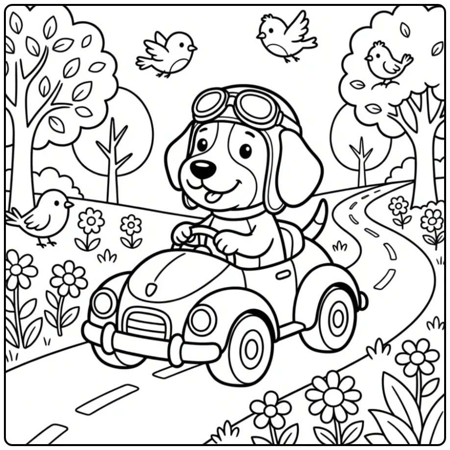 A happy dog with goggles driving a toy car Beagle Coloring Page.