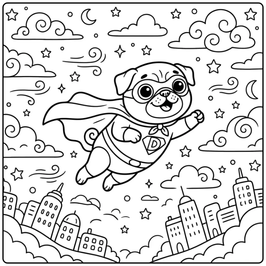 A flying superhero Doug The Pug Coloring Page over a city.