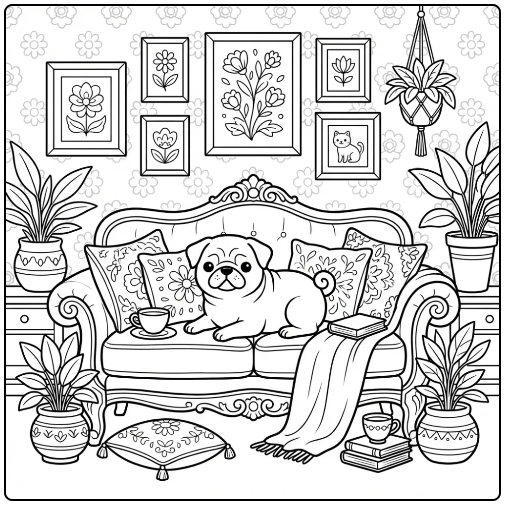 A cute pug relaxing on a fancy couch, a Pug Coloring Page For Adults.