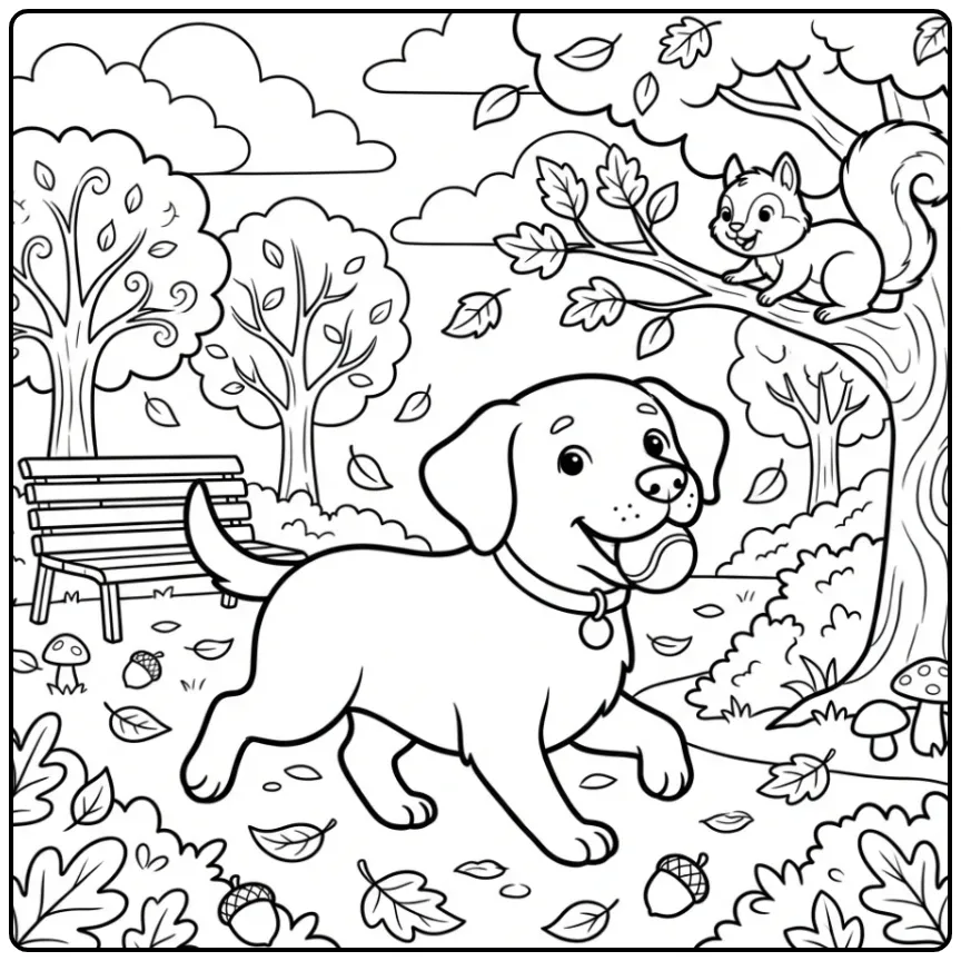 A happy dog in a park with a squirrel: Black Lab Coloring Page.