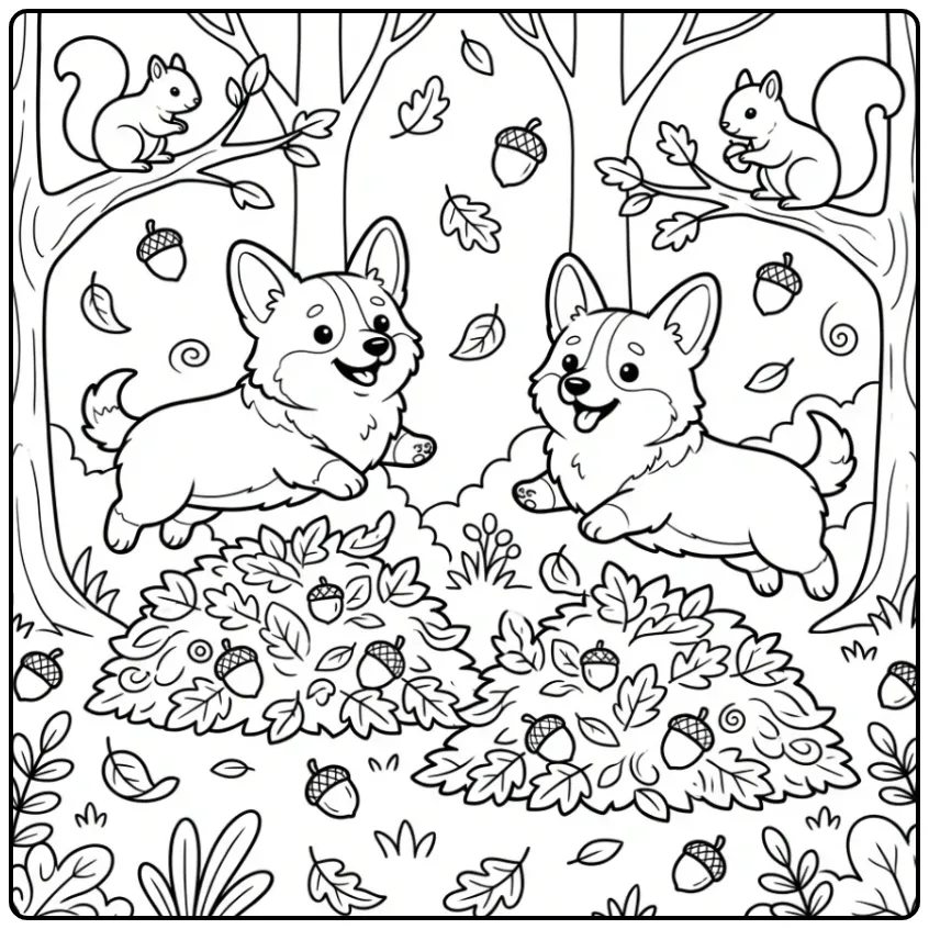 A playful Corgi Coloring Page with two dogs in autumn leaves.