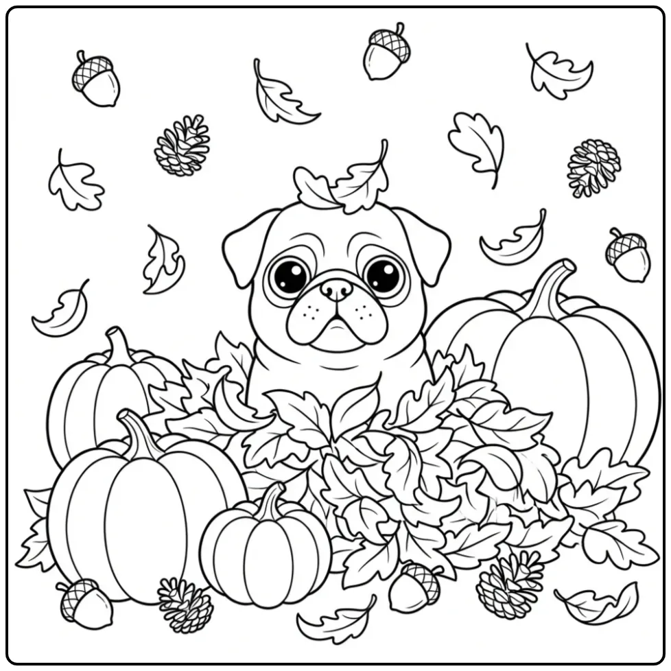 A curious dog in an autumn leaf pile, a fun Pug Coloring Page.