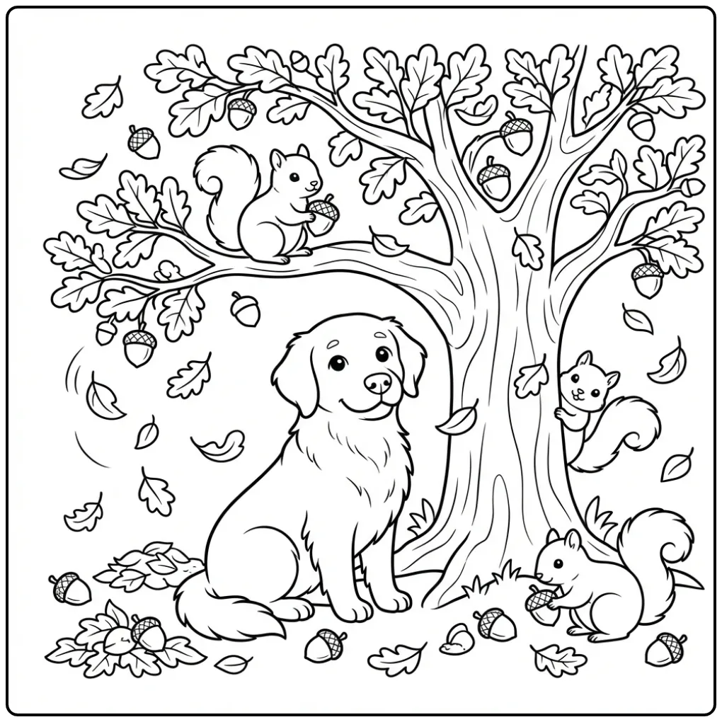 A cute Golden Retriever Coloring Page with squirrels in autumn.