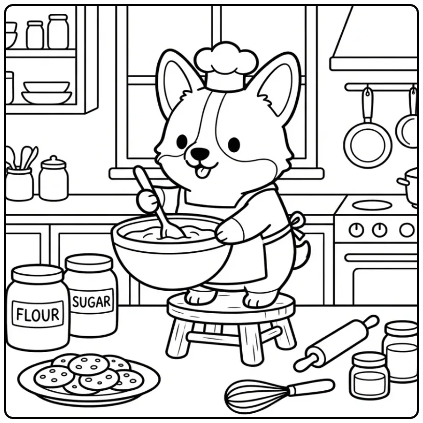 A cute corgi chef on a stool Corgi Coloring Page.