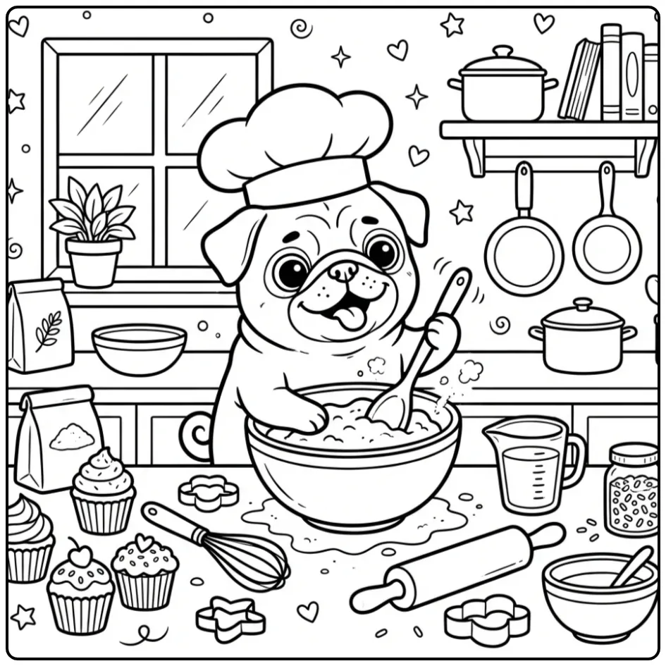 A chef pug happily mixing dough on a kitchen counter, a Cute Pug Coloring Page.