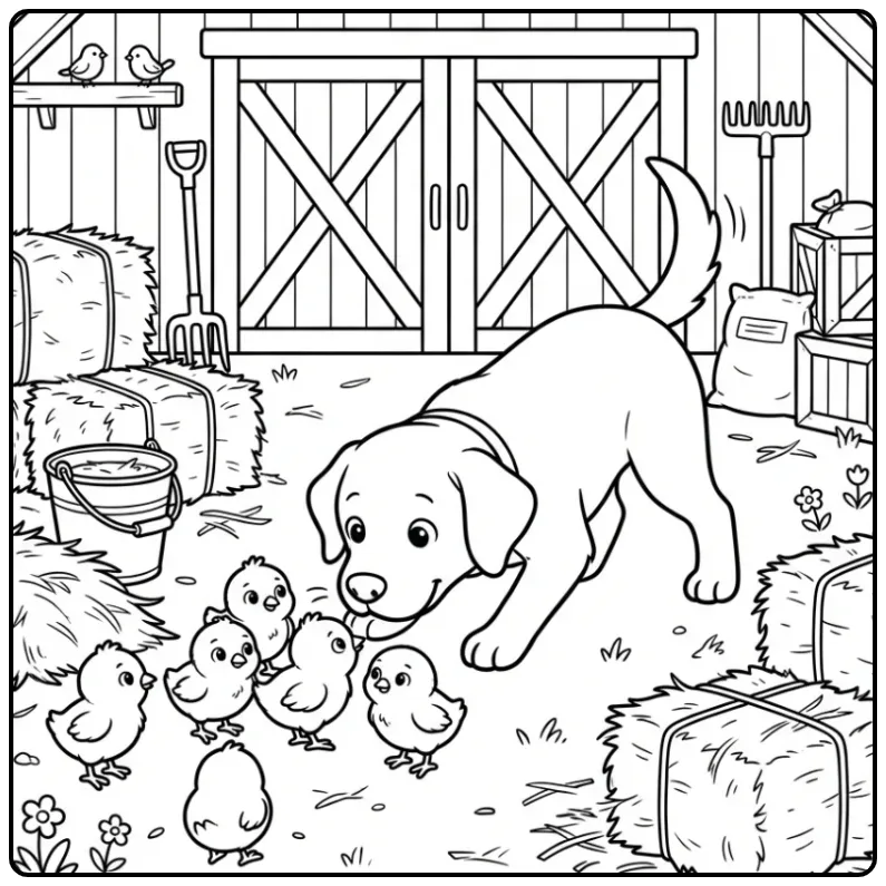 A curious dog sniffs baby chicks on a Labrador Retriever Coloring Page.