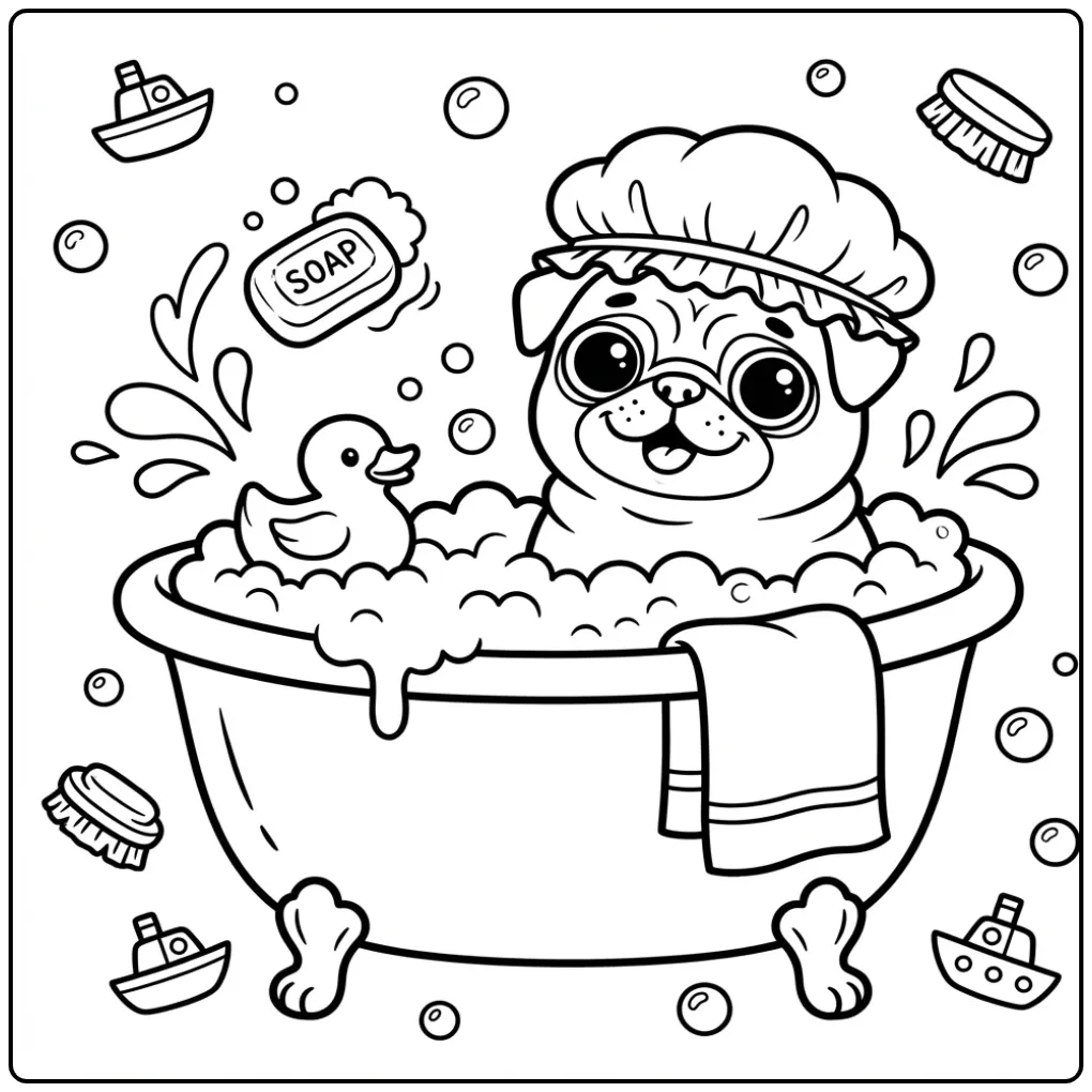 A cute cartoon Pug Coloring Page For Kids in a bubble bath.