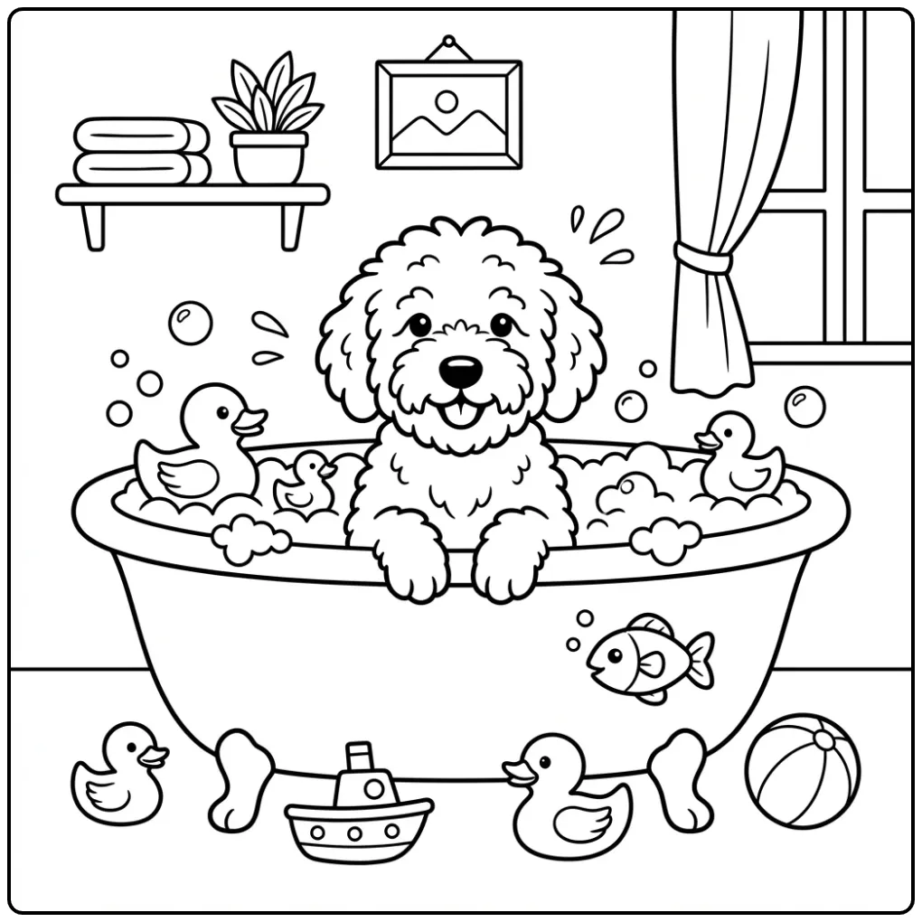 A happy puppy splashing in a tub, a Golden Doodle Coloring Page.
