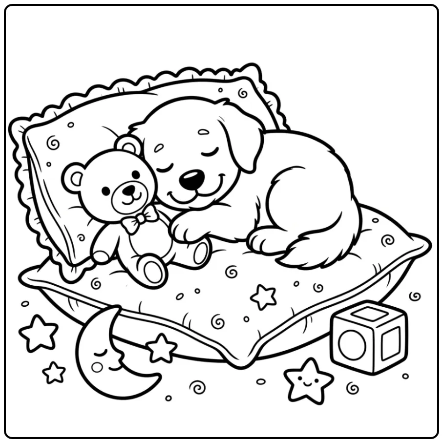 Golden Retriever Coloring Page For Toddlers: a sleepy puppy with its teddy bear.