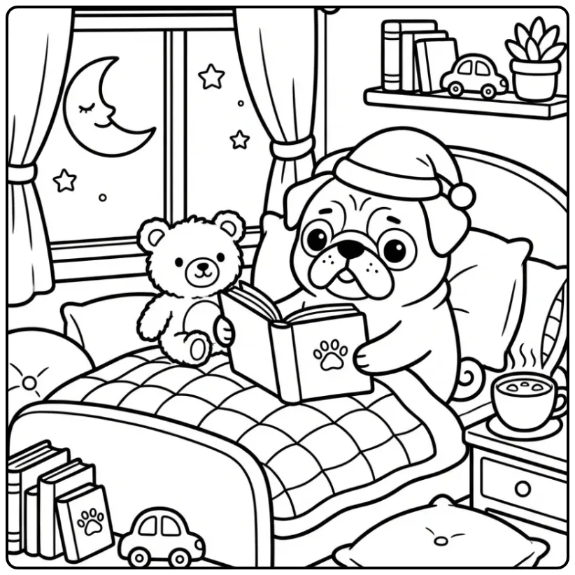 A cozy pug in bed writing a Diary Of A Pug Coloring Page.
