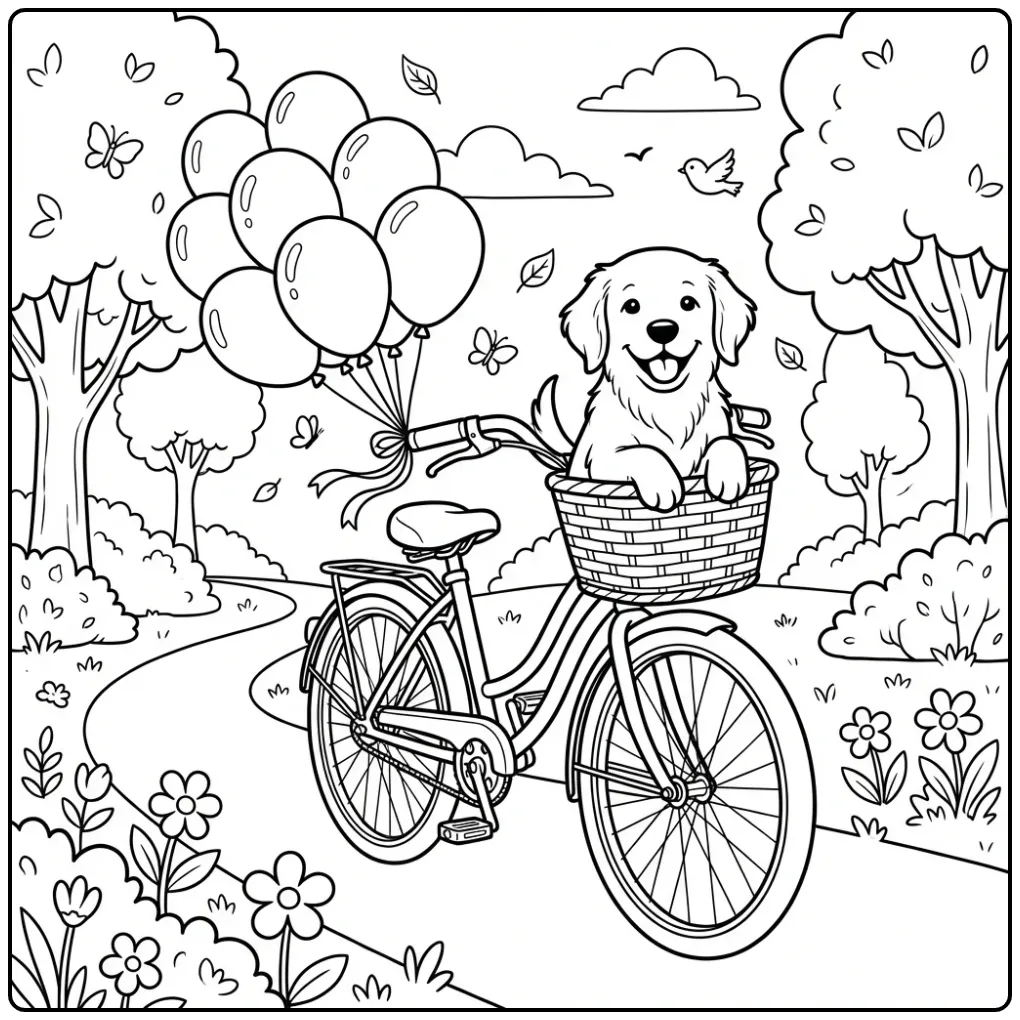 A cute dog in a bike basket Golden Retriever Coloring Page.