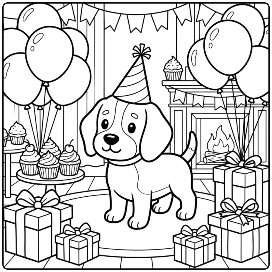 A happy puppy with gifts and balloons, a Beagle Coloring Page.