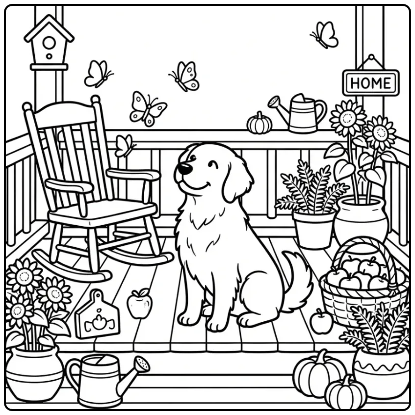 A cute Detailed Golden Retriever Coloring Page on a porch.