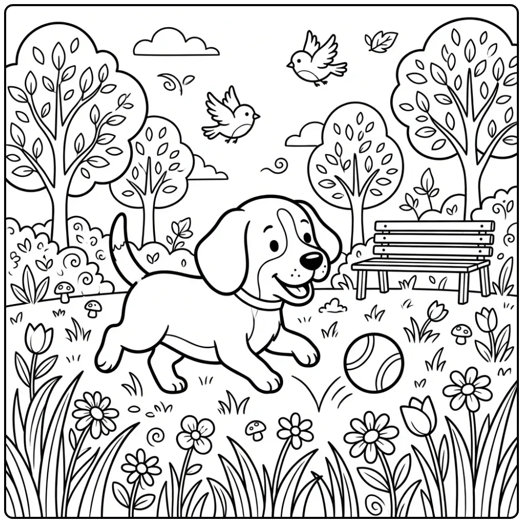 A happy dog chases a ball in this Beagle In The Park Coloring Page.