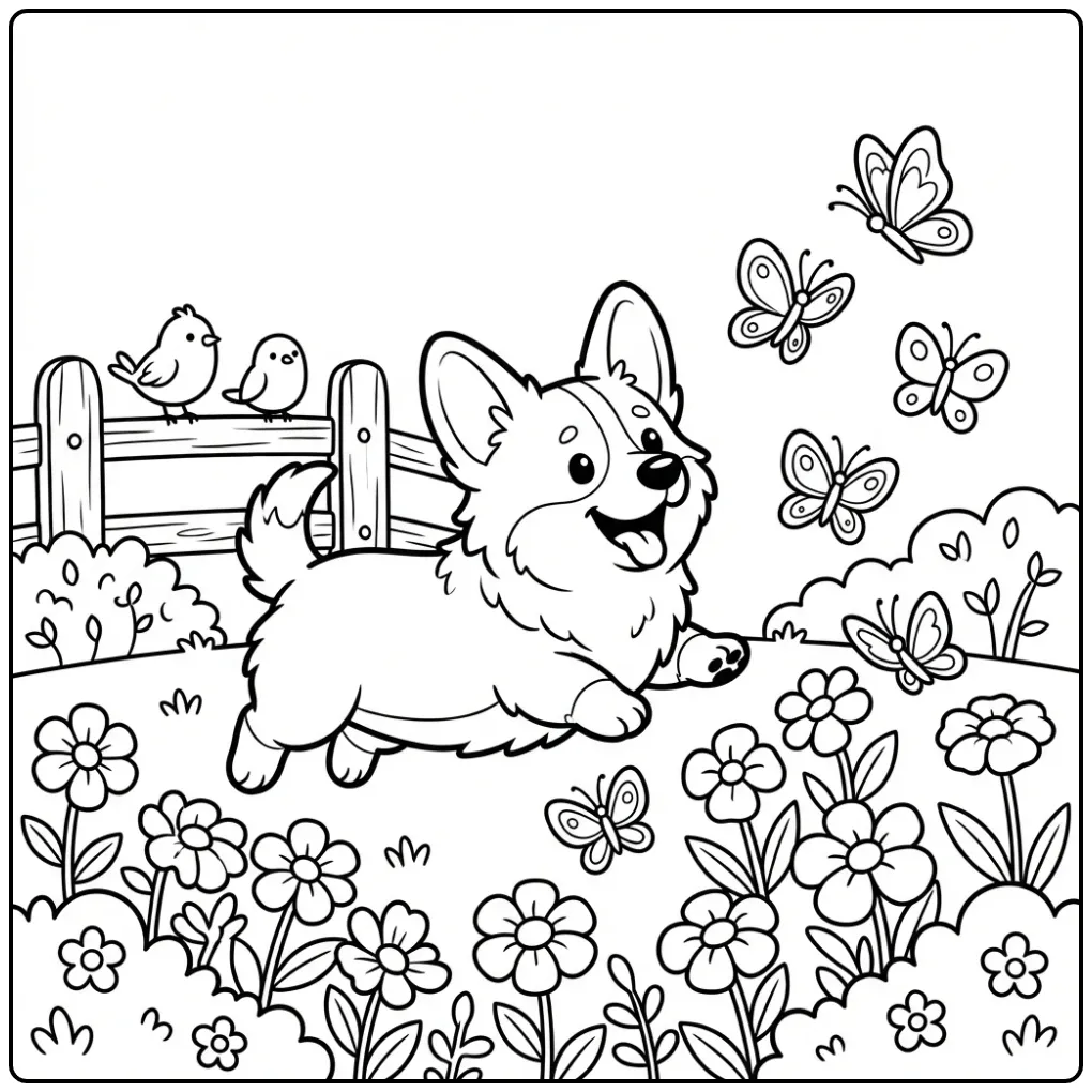 A cute dog chasing butterflies in a park Corgi Coloring Page.