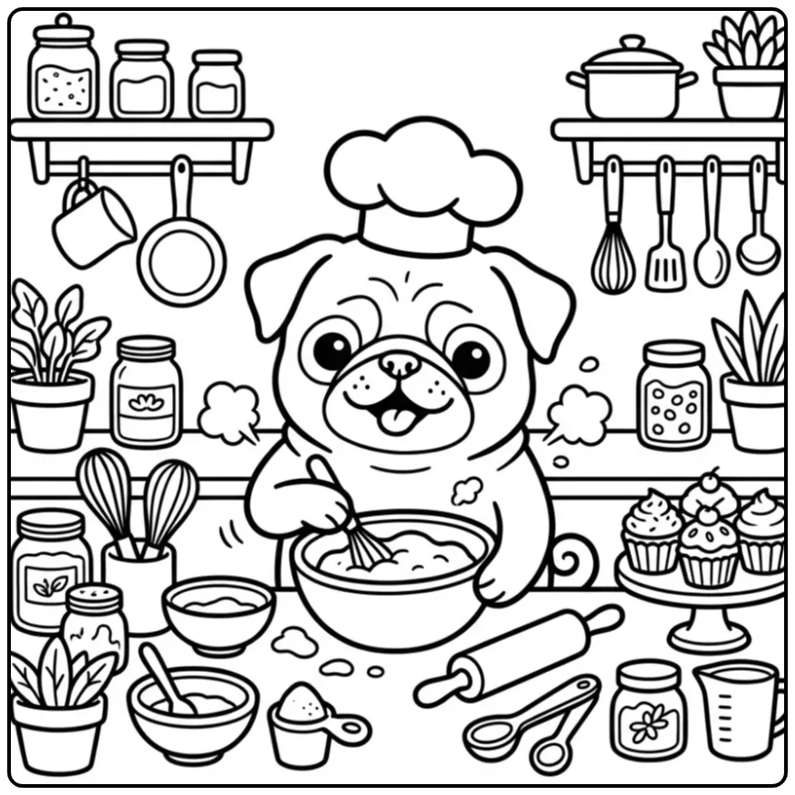 A happy dog chef mixing dough in a kitchen, a fun Pug Coloring Page.