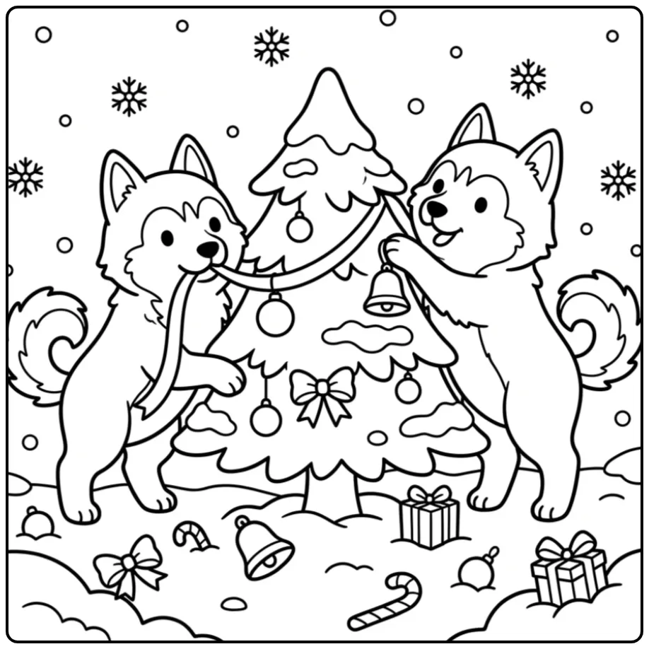 Two cute cartoon dogs decorating a Husky Coloring Page.