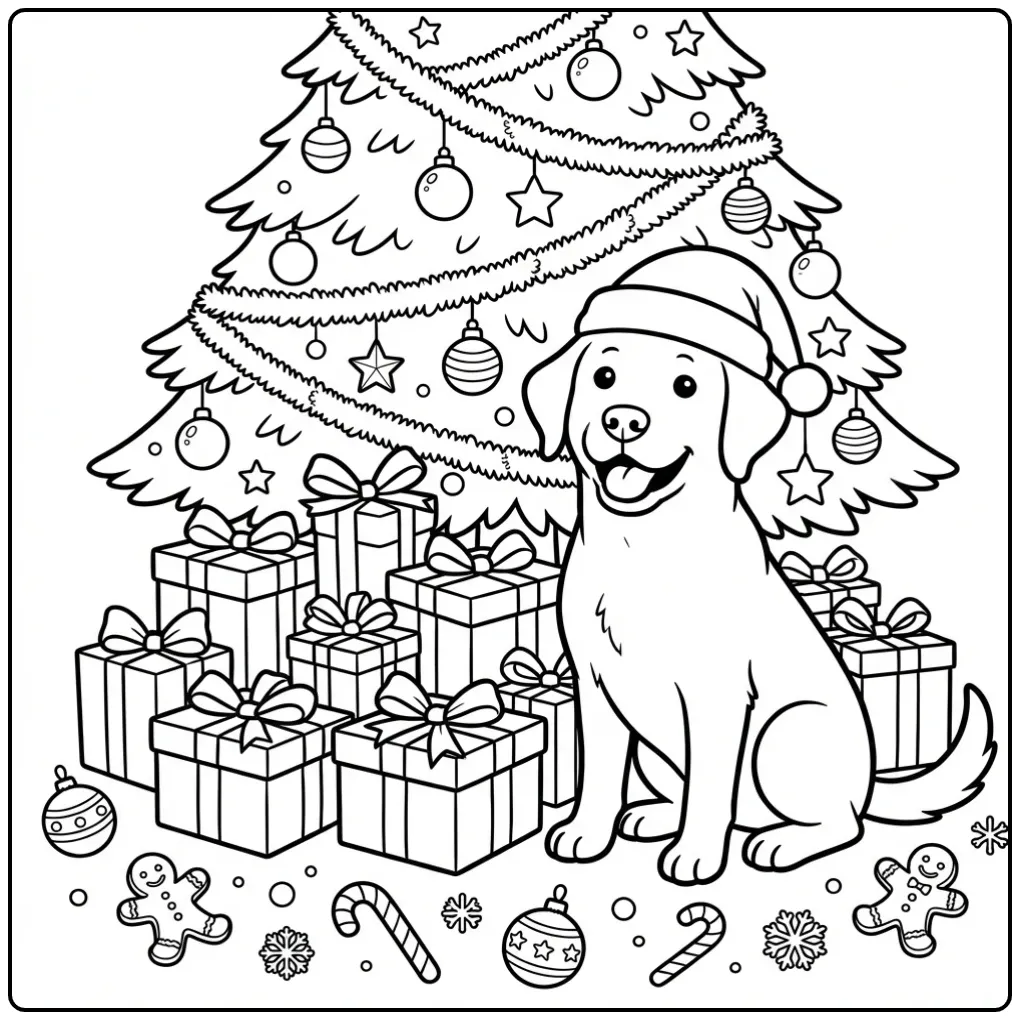A festive dog with a Santa hat; Labrador Retriever Coloring Page.