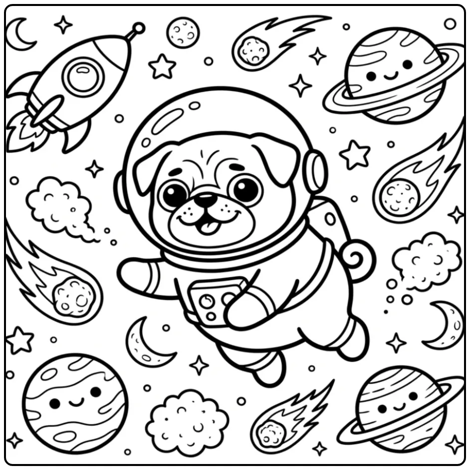 A cute astronaut Pug Coloring Page floating in a cosmic scene.