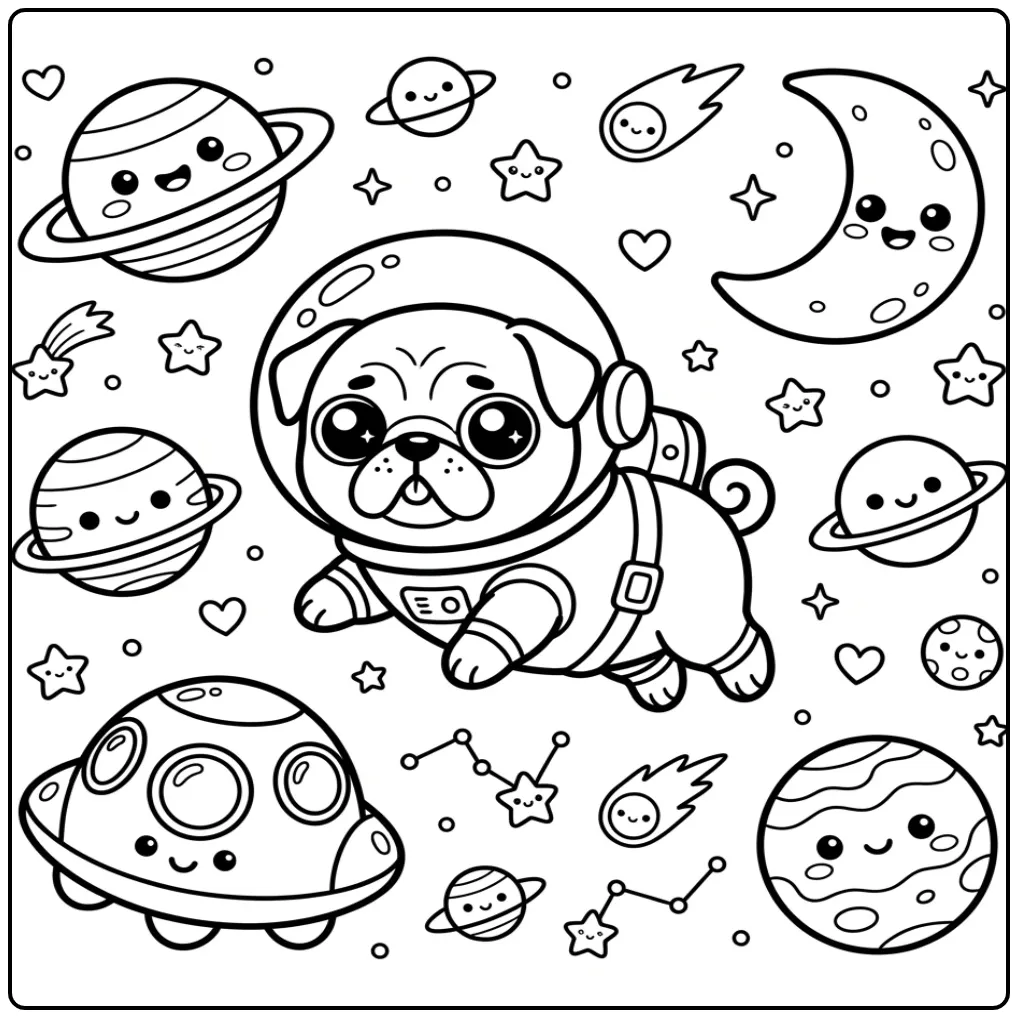 An adorable astronaut dog floating in space on a Kawaii Pug Coloring Page.