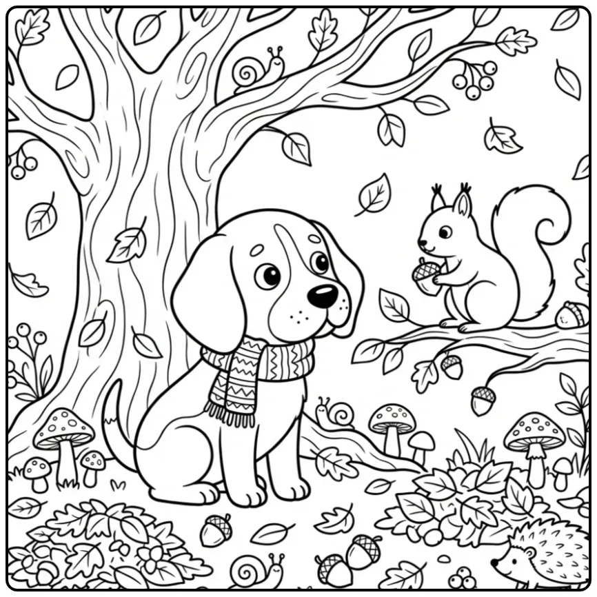 A cute cartoon Beagle Coloring Page with a squirrel in autumn.