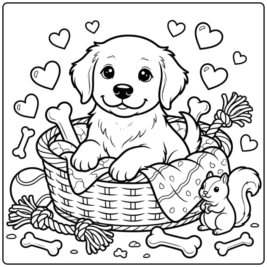 Cute pup in a basket: Golden Retriever Puppy Coloring Page.