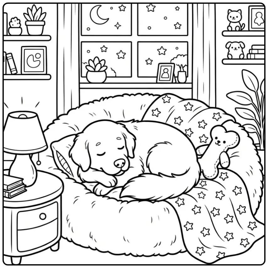 A sleepy puppy on a fluffy bed: Golden Retriever Coloring Page.