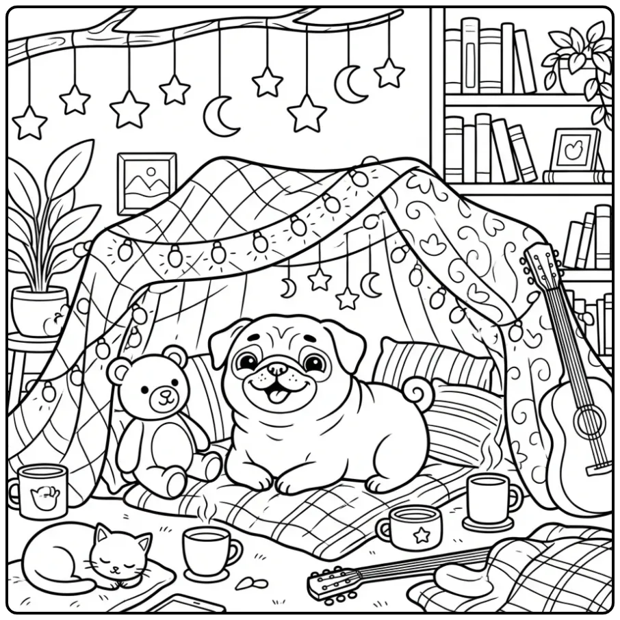 A happy pug in a fort with lights: Cute Pug Coloring Page.