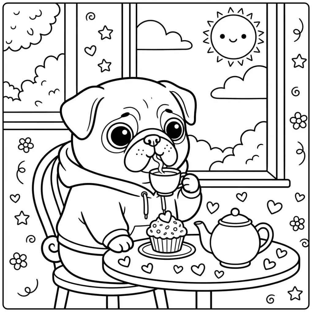 A cute Kawaii Pug Coloring Page with a pug in a hoodie at a cafe.
