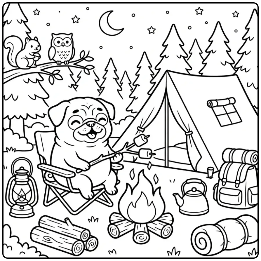 A cute cartoon Pug Coloring Page of a dog roasting marshmallows.