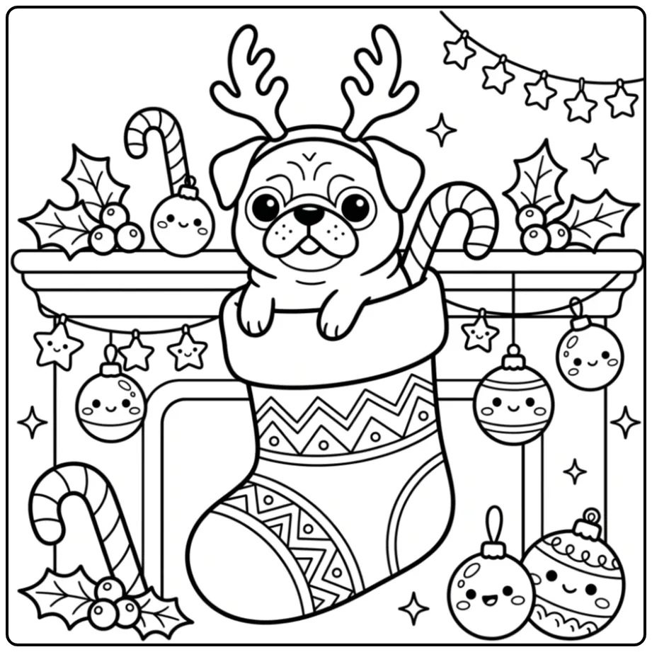 A cute Christmas Pug Coloring Page with a dog in antlers.