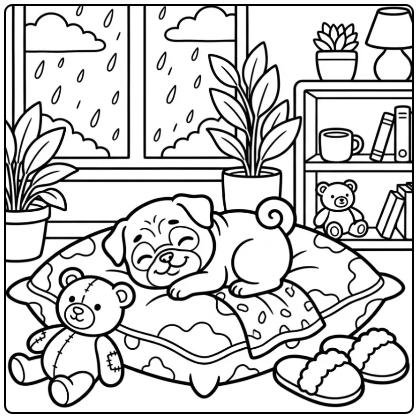A cute cartoon Pug Puppy Coloring Page with a dog on a pillow.
