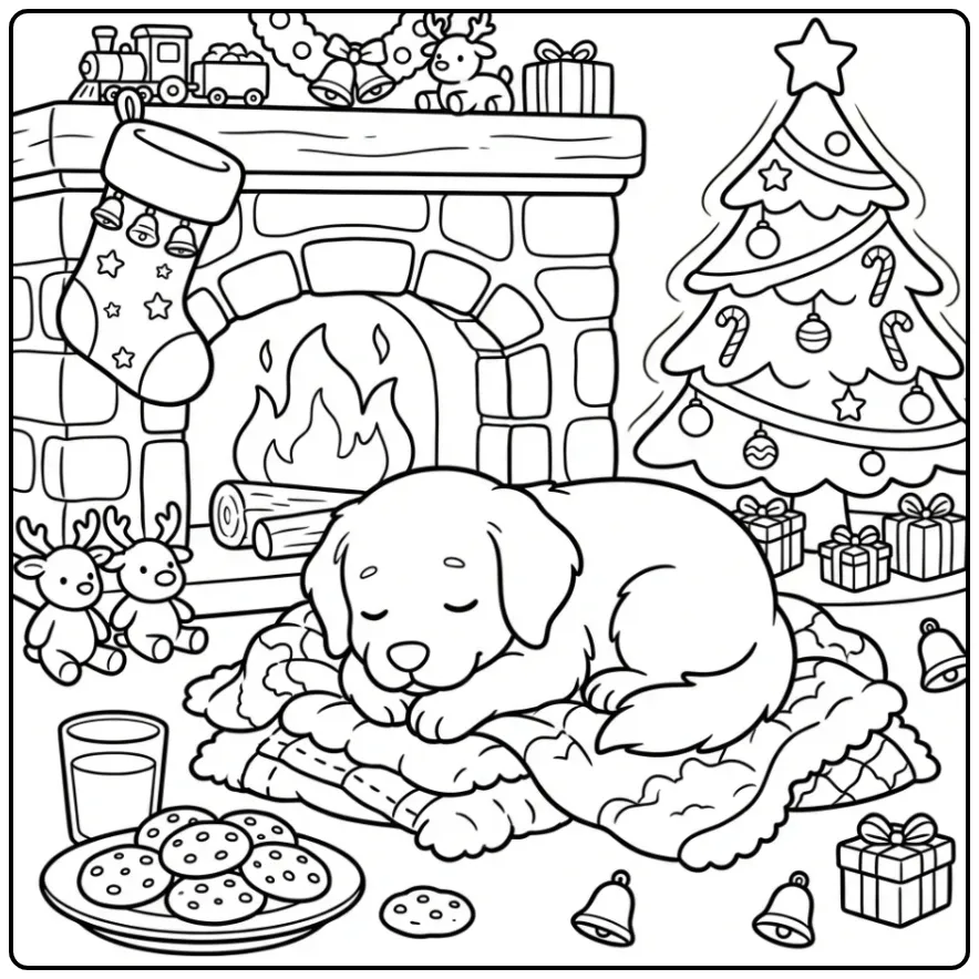 A cute sleeping puppy for a Christmas Golden Retriever Coloring Page.