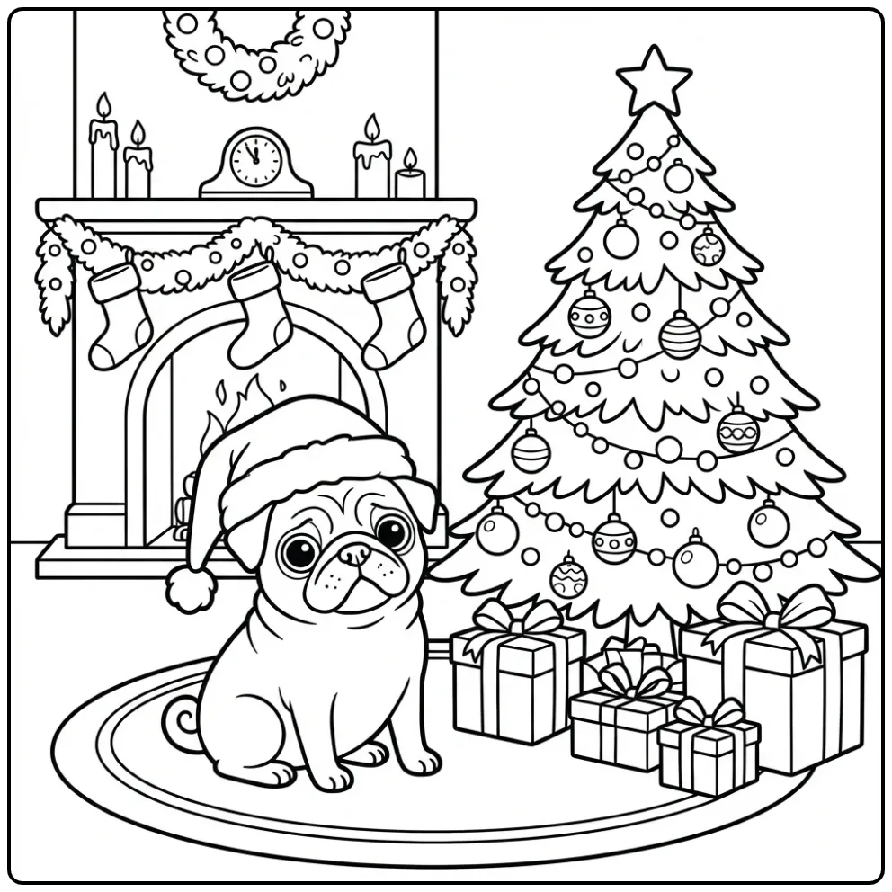 A festive dog in a Santa hat on a Christmas Pug Coloring Page.