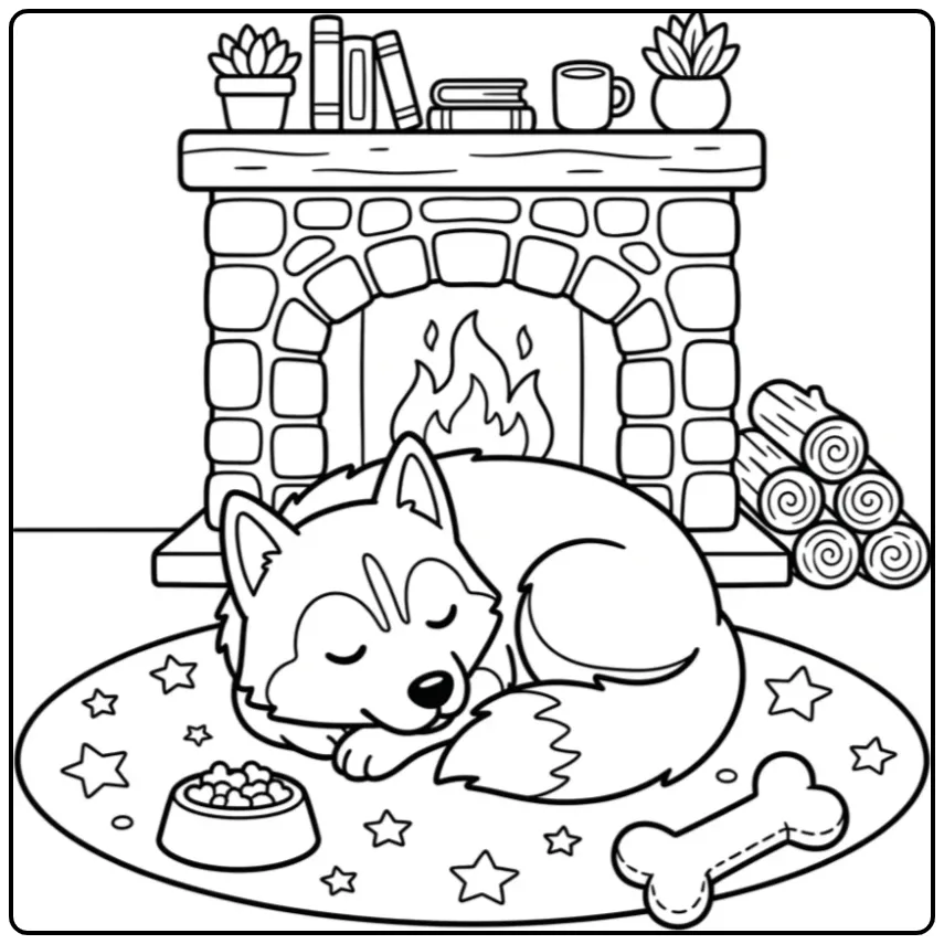 A cute cartoon Siberian Husky Coloring Page resting by a fire.