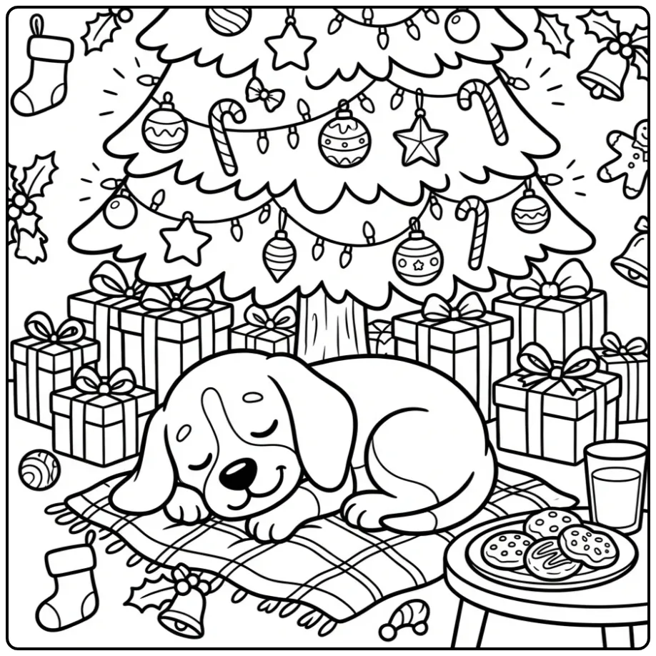 A cozy dog sleeps by a tree in this Christmas Beagle Coloring Page.