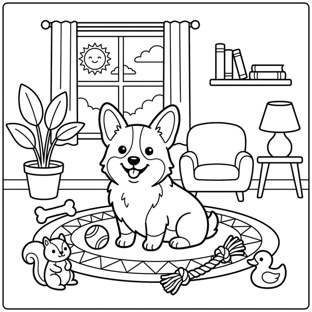 A happy Corgi Coloring Page For Kids sitting in a sunny room.