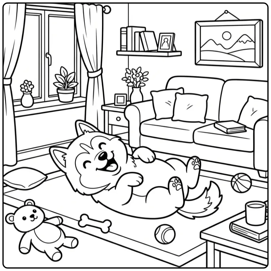 A playful puppy lying on its back in a Cute Husky Coloring Page.