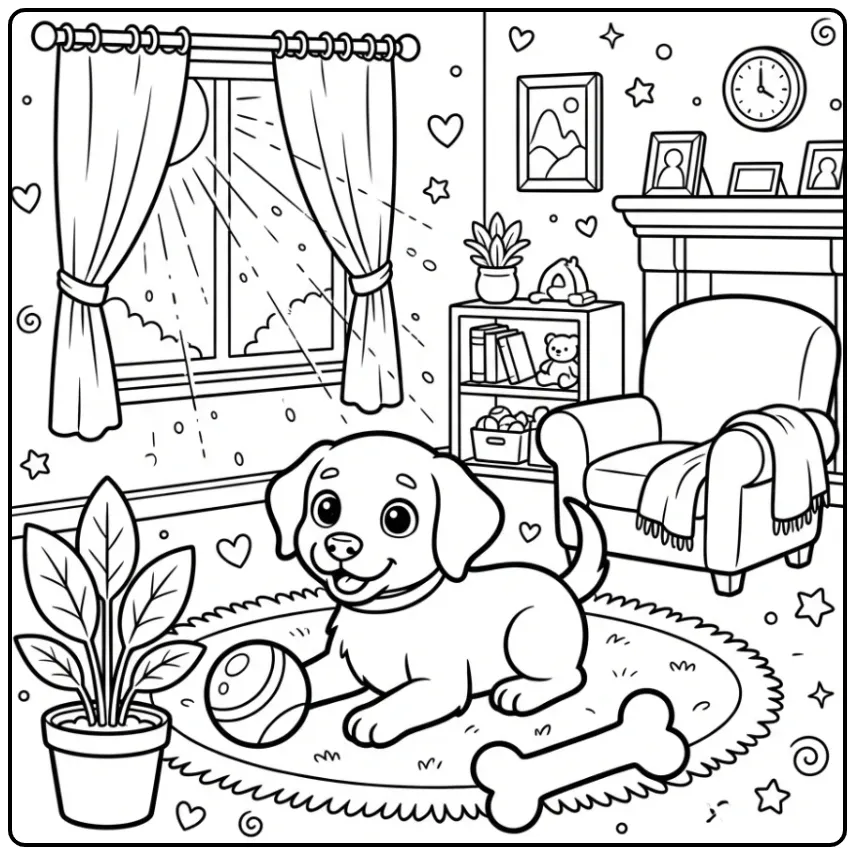 A cute puppy on a rug with toys, a Chocolate Lab Coloring Page.