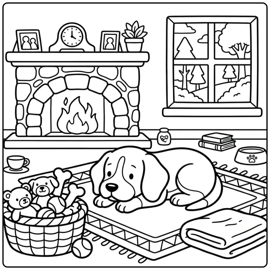 A charming Realistic Beagle Coloring Page of a dog by a fire.