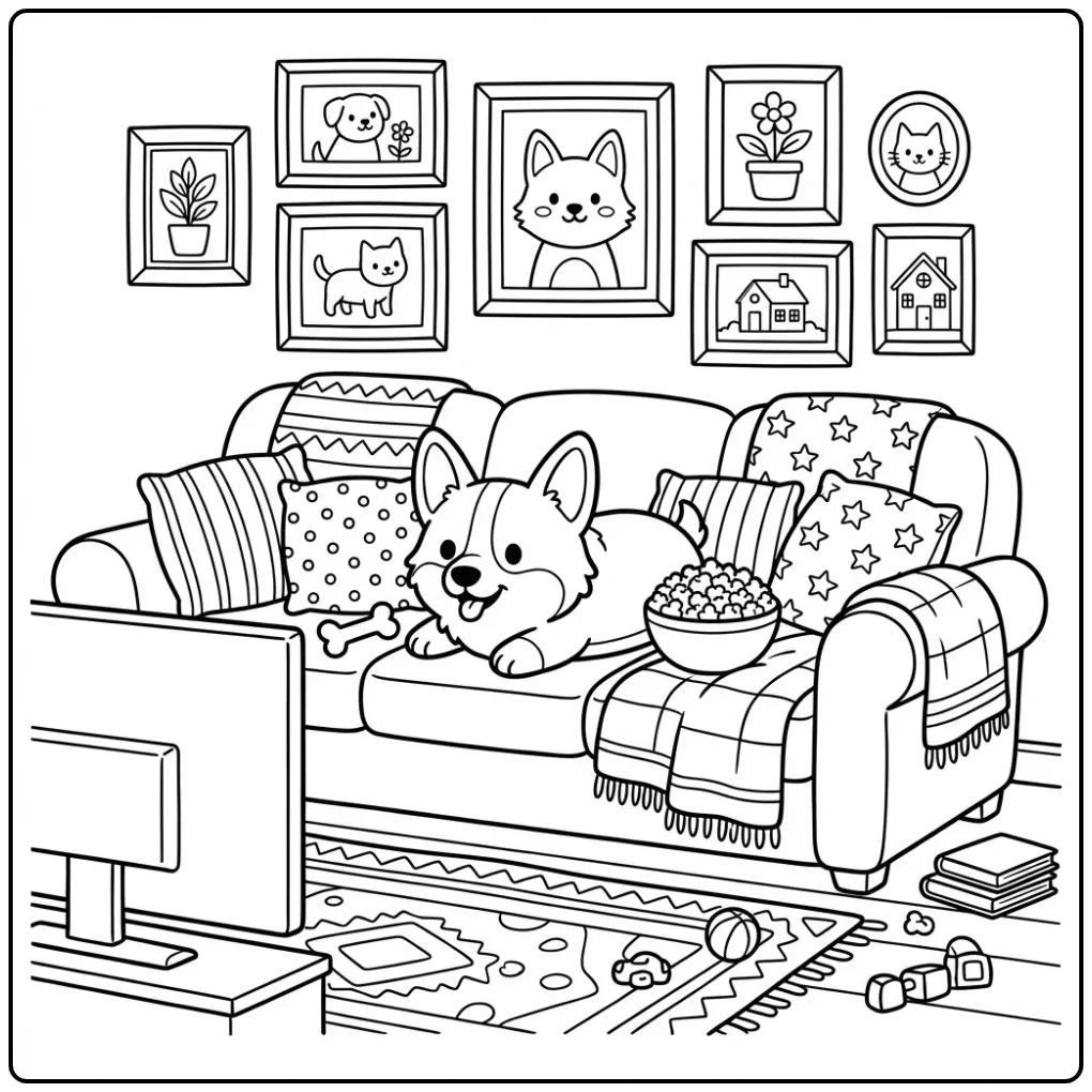 A cute Corgi Coloring Page of a dog watching TV on a sofa.