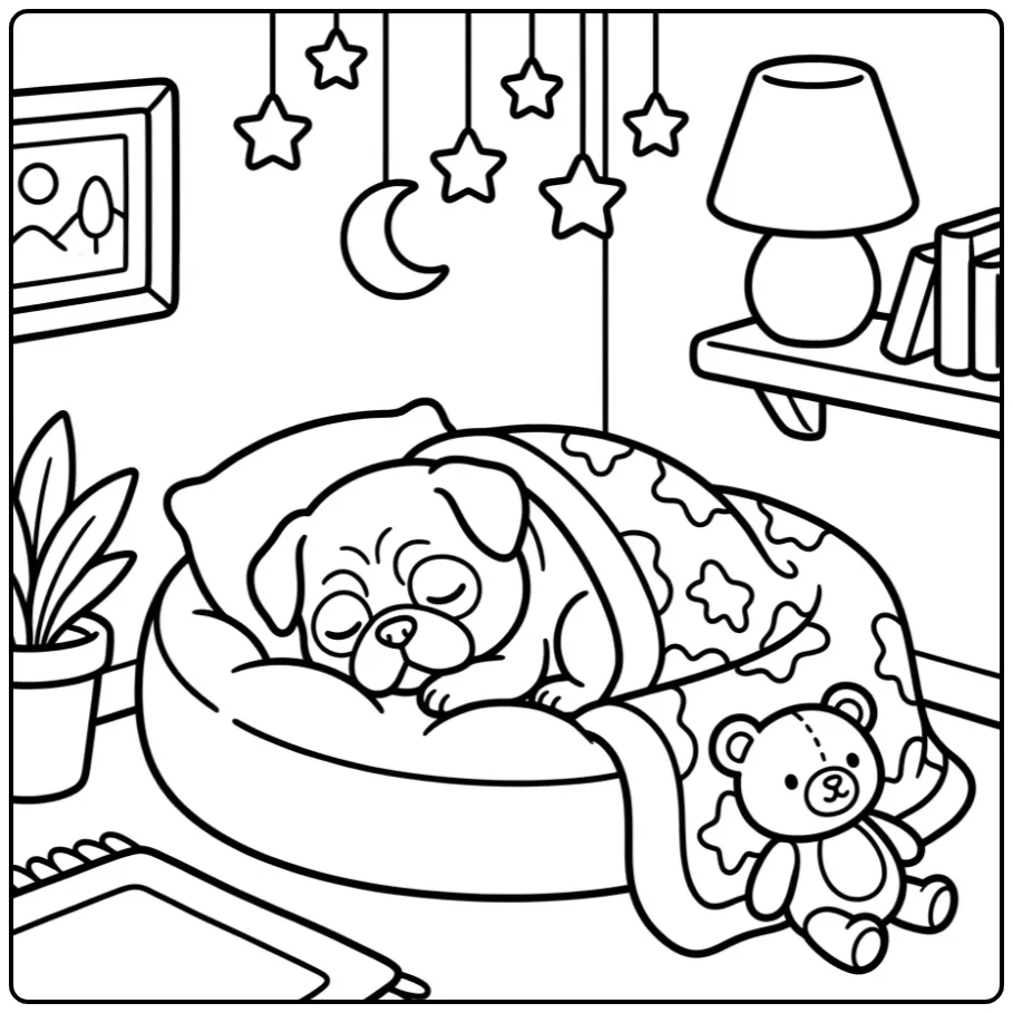 A sleeping puppy in a starry room: Realistic Pug Coloring Page.