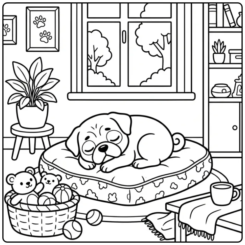 A cute sleepy Puggle Coloring Page with a puppy in a cozy bed.