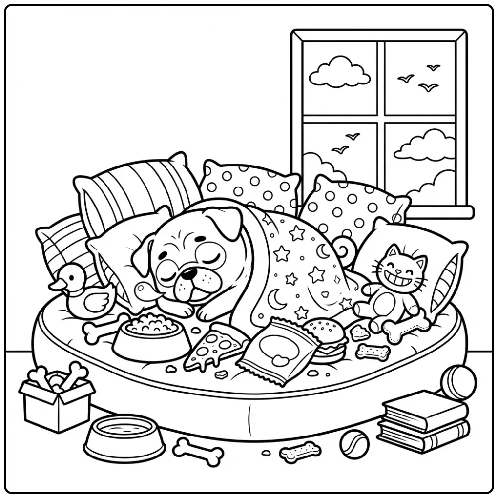 A cute, sleeping Pig The Pug Coloring Page on a cozy bed.