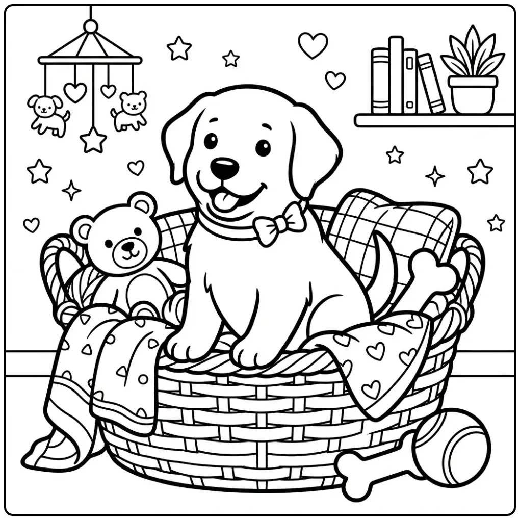 A cute puppy in a basket on this Labrador Retriever Coloring Page.