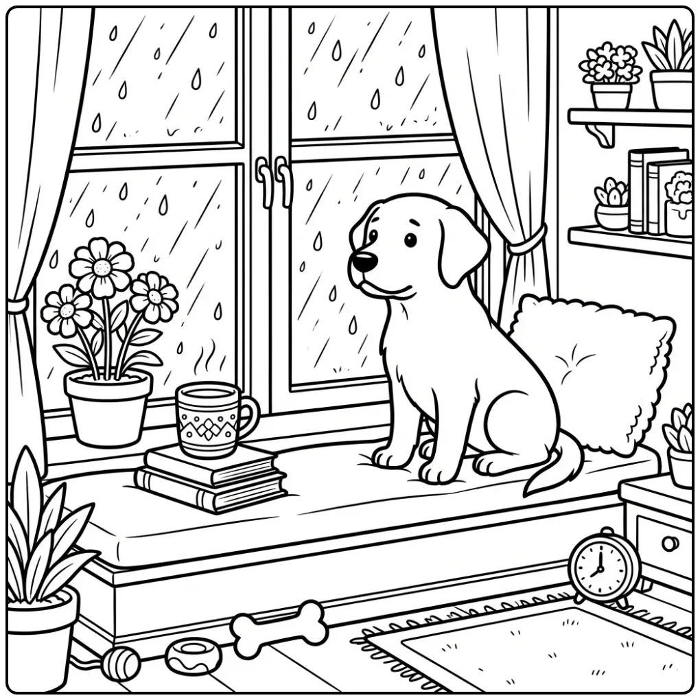 A dog by a rainy window on a Labrador Retriever Coloring Page.
